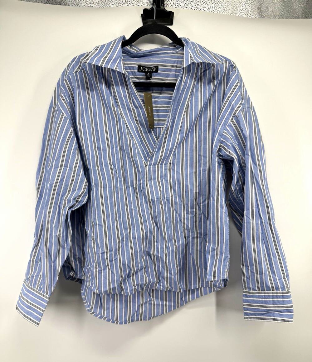 J.CREW Blue White Striped Collared V-Neck 100% Cotton Popover Blouse M NWT